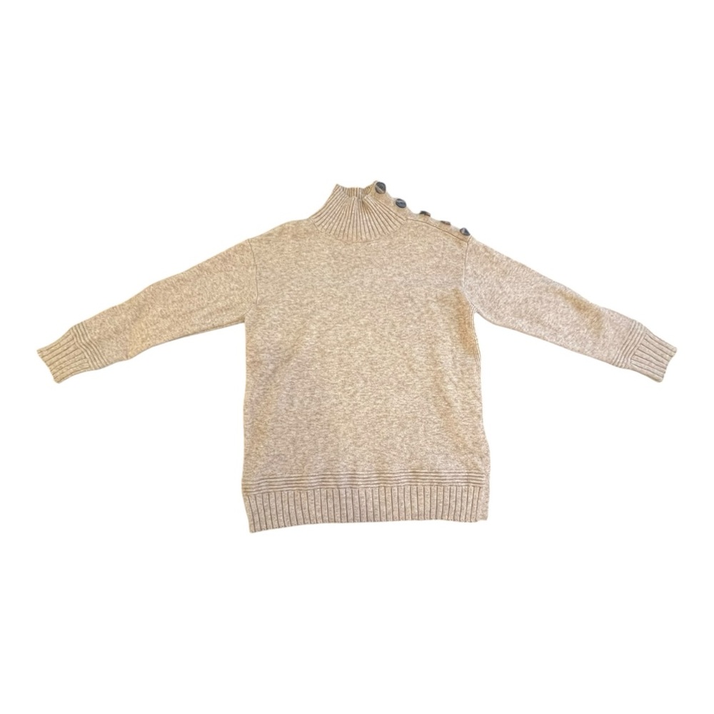 Anthropologie Margarita Tunic Sweater Tan Button Shoulder Detail Mock Neck Sz XS - Picture 2 of 9